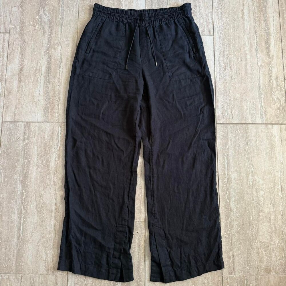 Athleta Black Linen Wide Leg Pants Large Retreat High Rise Beach Coastal Boho L